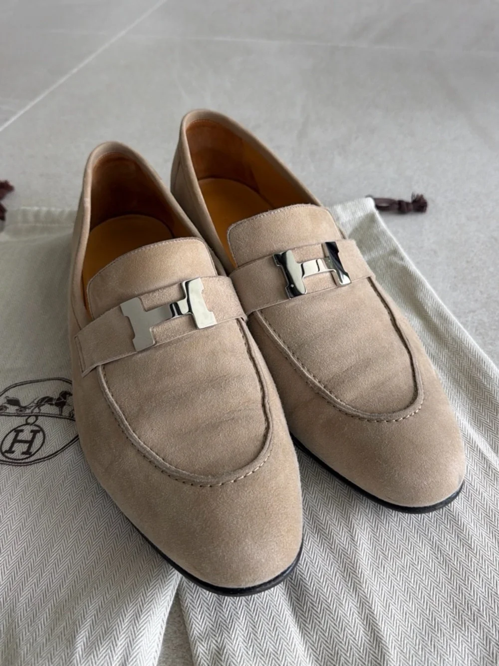 Hermes Beige Suede Men's Paris Loafers with Silver H Buckle